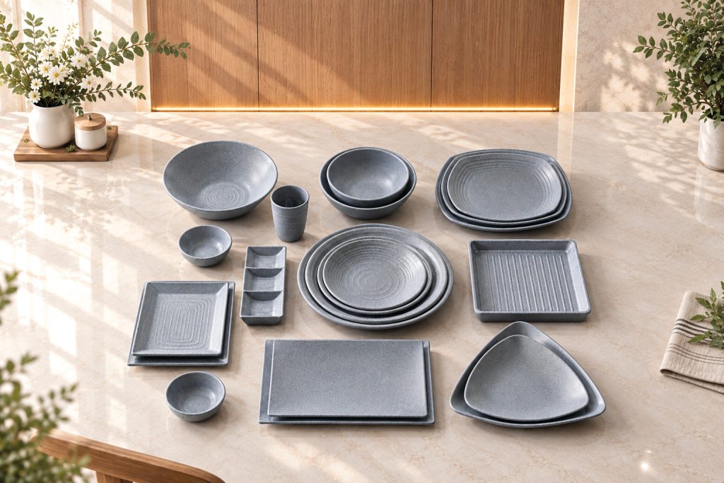 Bộ sản phẩm bát đĩa nhám dày màu xám nhựa Melamine