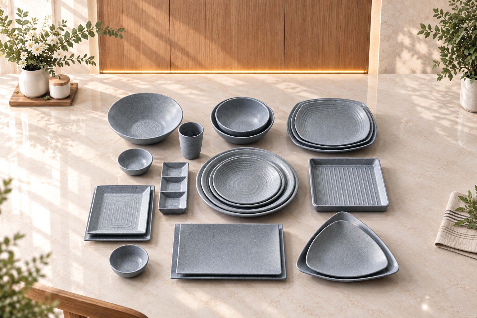 Bộ sản phẩm bát đĩa nhám dày màu xám nhựa Melamine