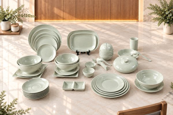 Bộ sản phẩm bát đĩa nhám dày màu xanh nhựa Melamine